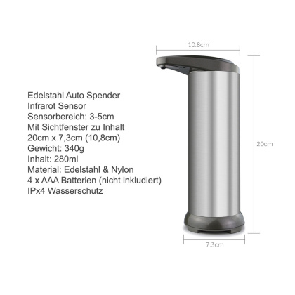 Automatischer Flüssigkeitsspender 280ml Edelstahl Sichtfenster Berührungslos mit Sensor